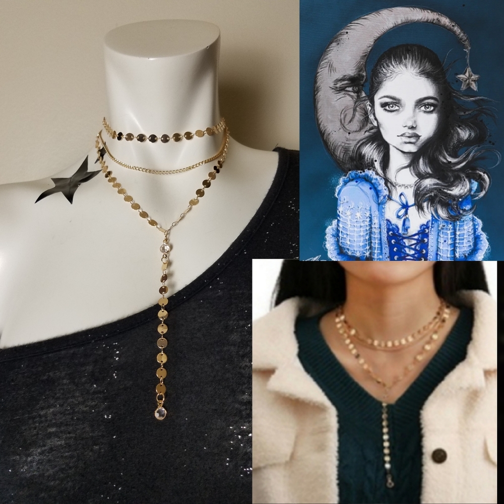 Dream Disc GOLD Triple Layered Y Necklace + Choker - Picture 5 of 8